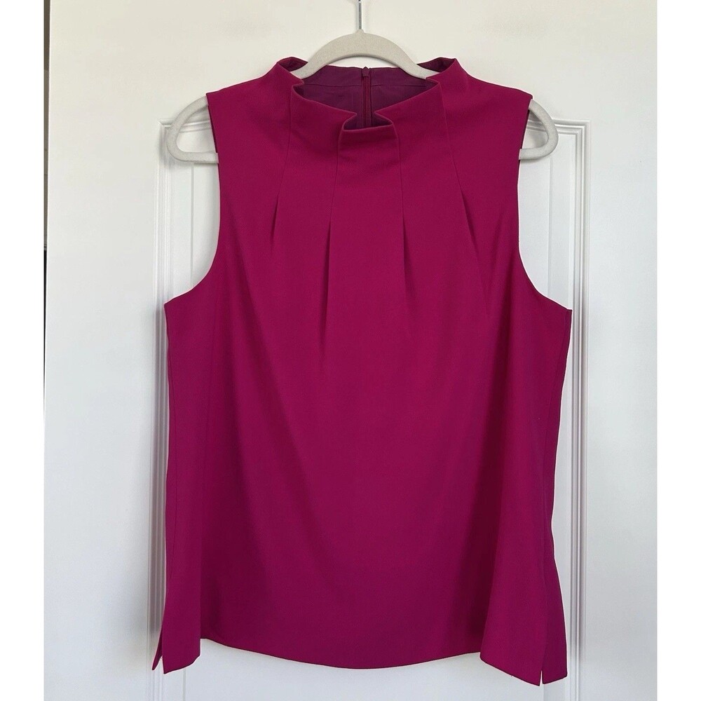 Trina Turk Sleeveless Mock Neck Pleated Blouse Top Womens Sz L Fuchsia Career